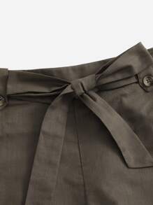 SHEIN Quần đùi nữ Thắt lưng Nút màu trơn Giải trí - xanh quân đội - Xem 4