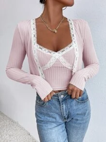 SHEIN Unity Top ribete con encaje con parte delantera abierta & Top de tirantes - Rosa Pálido - Ver 1