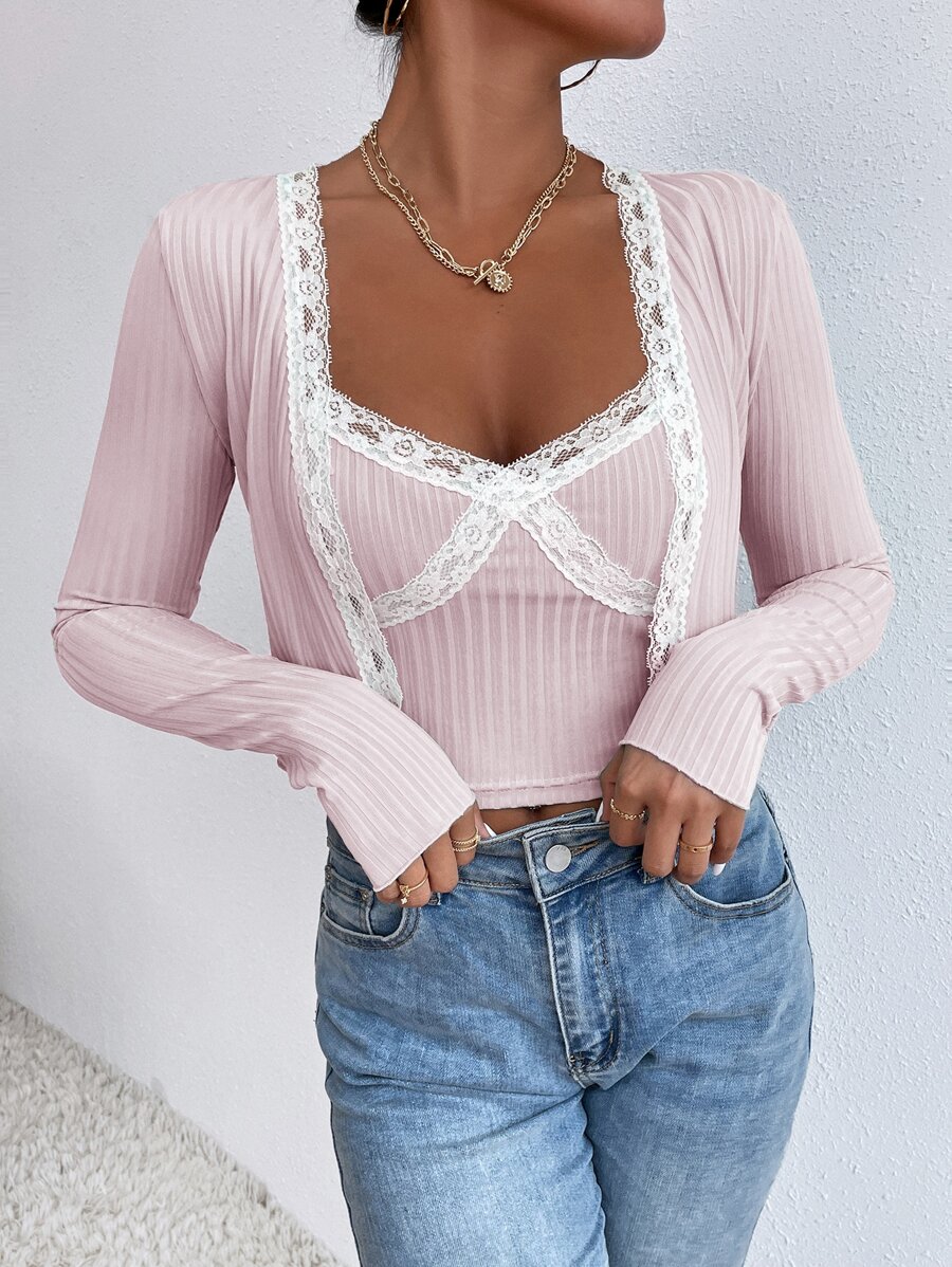 SHEIN Unity Top ribete con encaje con parte delantera abierta & Top de tirantes - Rosa Pálido - Ver 1