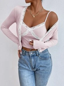 SHEIN Unity Top ribete con encaje con parte delantera abierta & Top de tirantes - Rosa Pálido - Ver 4