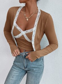 SHEIN Unity 蕾絲邊開門襟上衣和吊帶上衣 - 駝色 - 查看 1