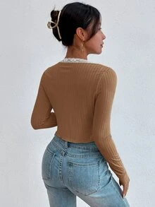 SHEIN Unity 蕾絲邊開門襟上衣和吊帶上衣 - 駝色 - 查看 2