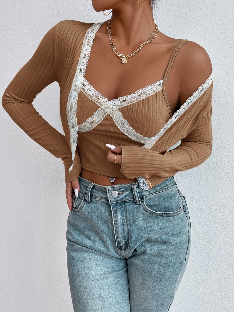 SHEIN Unity Lace Trim Open Front Top & Cami Top - Camel - View 4