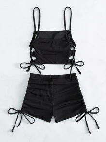 纯色抽绳比基尼套装夏日海滩 - 黑色 - 查看 2
