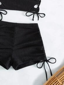 纯色抽绳比基尼套装夏日海滩 - 黑色 - 查看 3