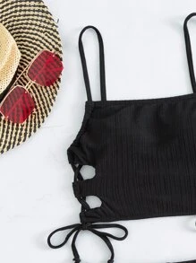 纯色抽绳比基尼套装夏日海滩 - 黑色 - 查看 4