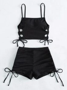 纯色抽绳比基尼套装夏日海滩 - 黑色 - 查看 6