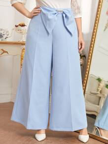 Modelyn Plus Big Bow Waist Wide Leg Trousers - Baby Blue - View 4