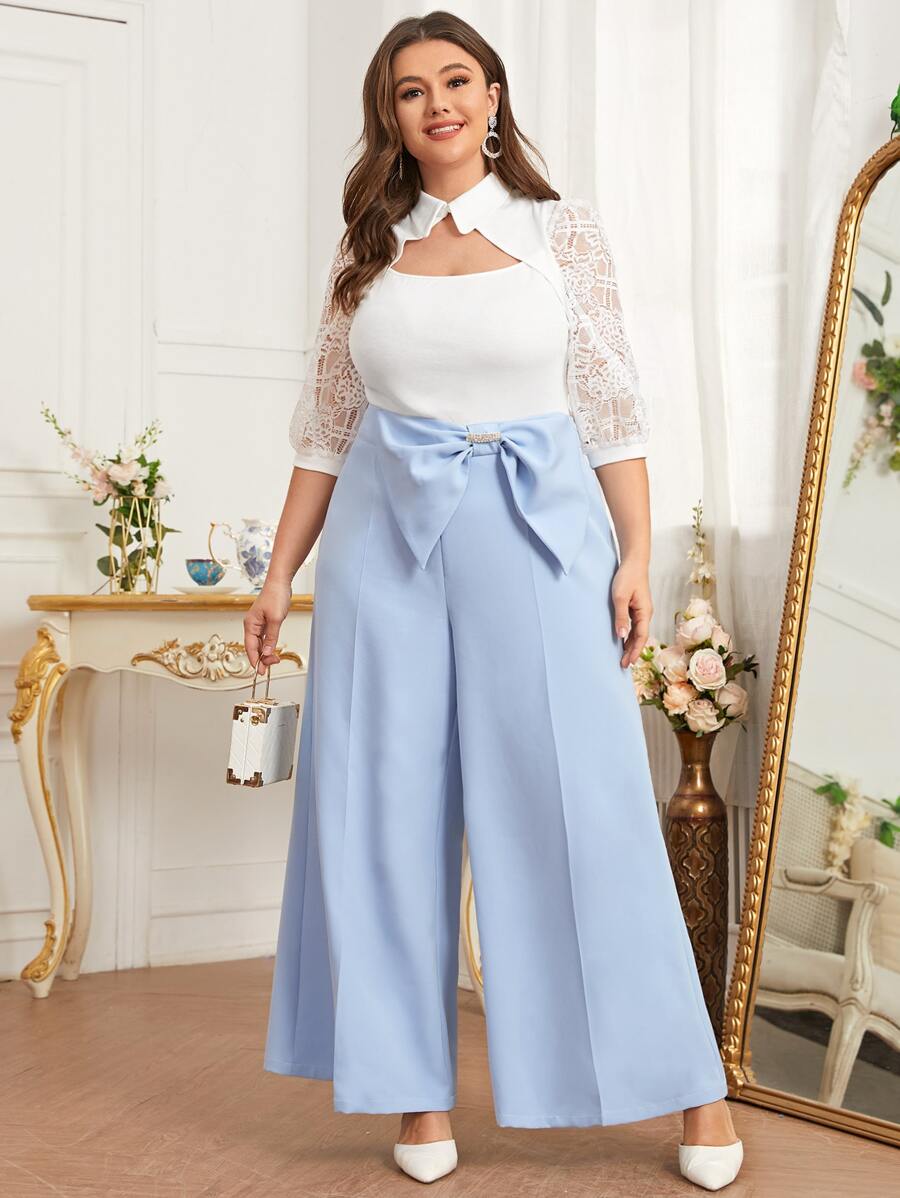 Modelyn Plus Big Bow Waist Wide Leg Trousers - Baby Blue - View 1