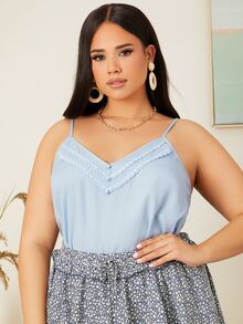 SHEIN Plus Guipure Lace Pearl Beaded Cami Top - Baby Blue - View 4