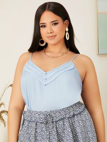 SHEIN Plus Guipure Lace Pearl Beaded Cami Top - Baby Blue - View 5