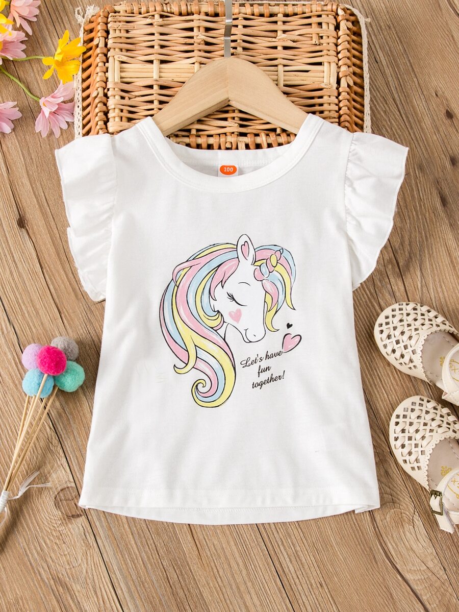 Niñitas Top tank con estampado de unicornio de manga con volante - Blanco - Ver 1