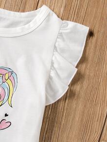 Niñitas Top tank con estampado de unicornio de manga con volante - Blanco - Ver 4