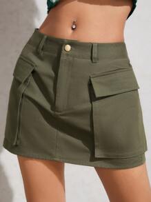 Muchica 素色翻蓋口袋工裝裙