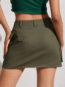 Muchica 素色翻蓋口袋工裝裙