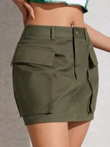 Muchica 素色翻蓋口袋工裝裙