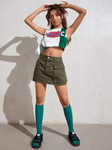 Muchica 素色翻蓋口袋工裝裙