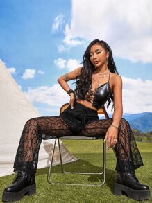 SHEIN Unity transparente con encaje Shorts Pantalones de pierna ancha - Negro - Ver 3