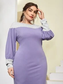 SHEIN Plus Colorblock Lantern Sleeve Split Back Dress - Lilac Purple - View 4