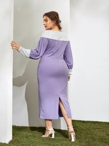 SHEIN Plus Colorblock Lantern Sleeve Split Back Dress - Lilac Purple - View 5