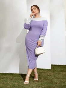 SHEIN Plus Colorblock Lantern Sleeve Split Back Dress - Lilac Purple - View 7