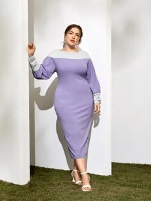 SHEIN Plus Colorblock Lantern Sleeve Split Back Dress - Lilac Purple - View 8