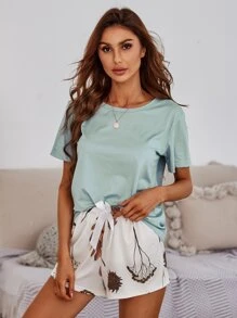 纯色上衣和系腰花卉印花短裤睡衣套装/睡衣套装 - 彩色 - 查看 6