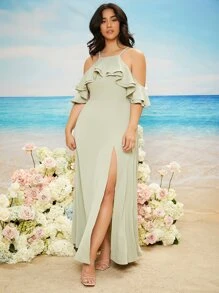 SHEIN Belle Váy phù dâu Plus Xù Tách cao màu trơn Hấp dẫn - Màu xanh Bạc hà - Xem 1