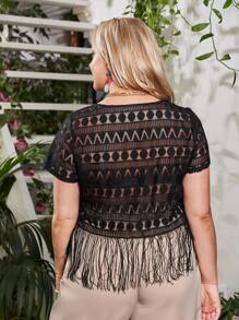 SHEIN Unity Plus Fringe Hem Sheer Lace Top Without Bra - Black - View 2