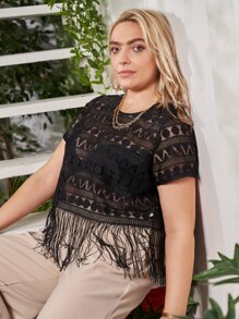 SHEIN Unity Plus Fringe Hem Sheer Lace Top Without Bra - Black - View 5