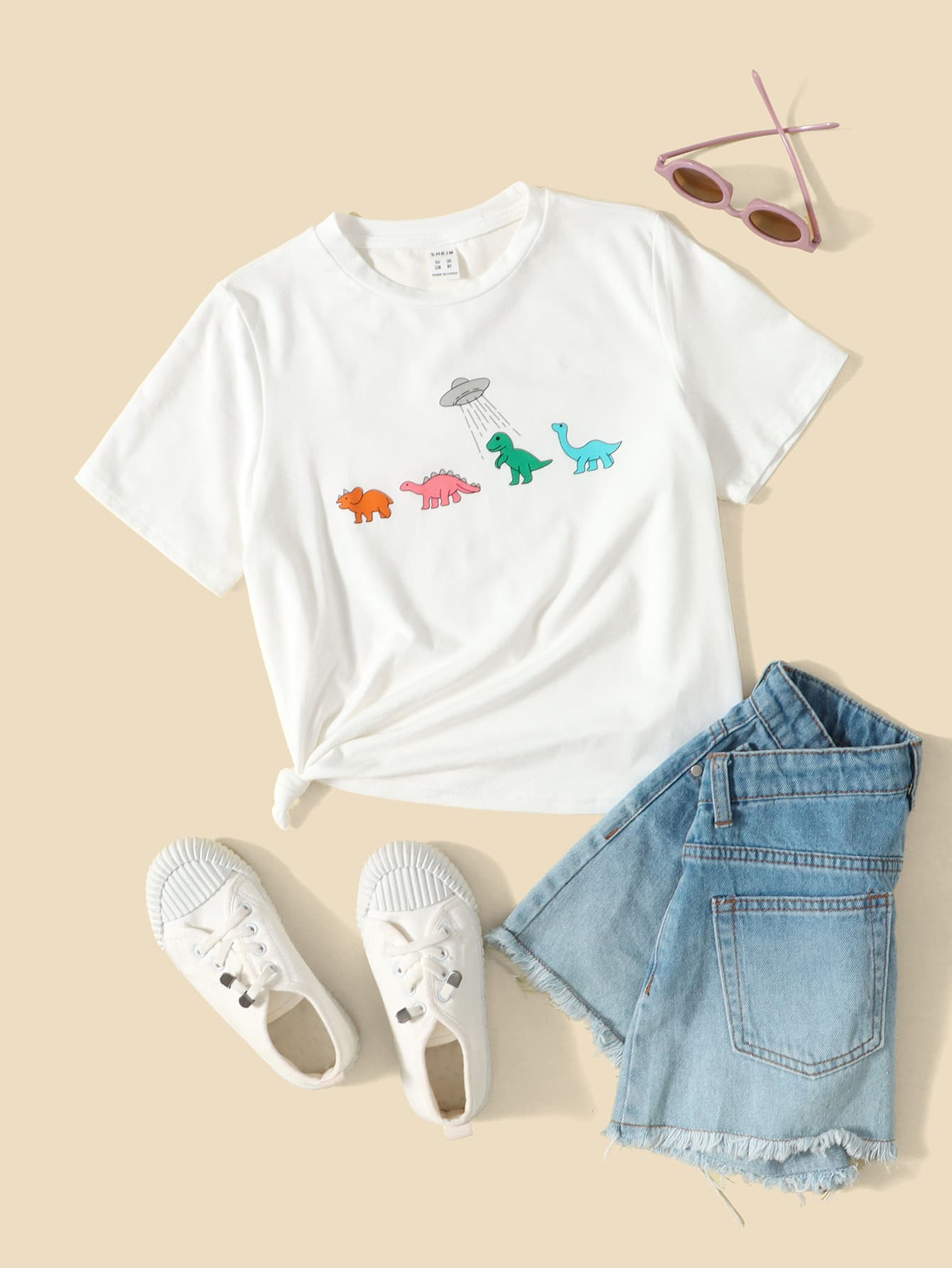 SHEIN Girls Dinosaur Print Tee - White - View 1