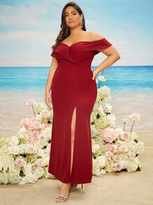 SHEIN Belle Burgundy Red Plus Off Shoulder Split Thigh Bridesmaid Dress - Burgundy - View 1