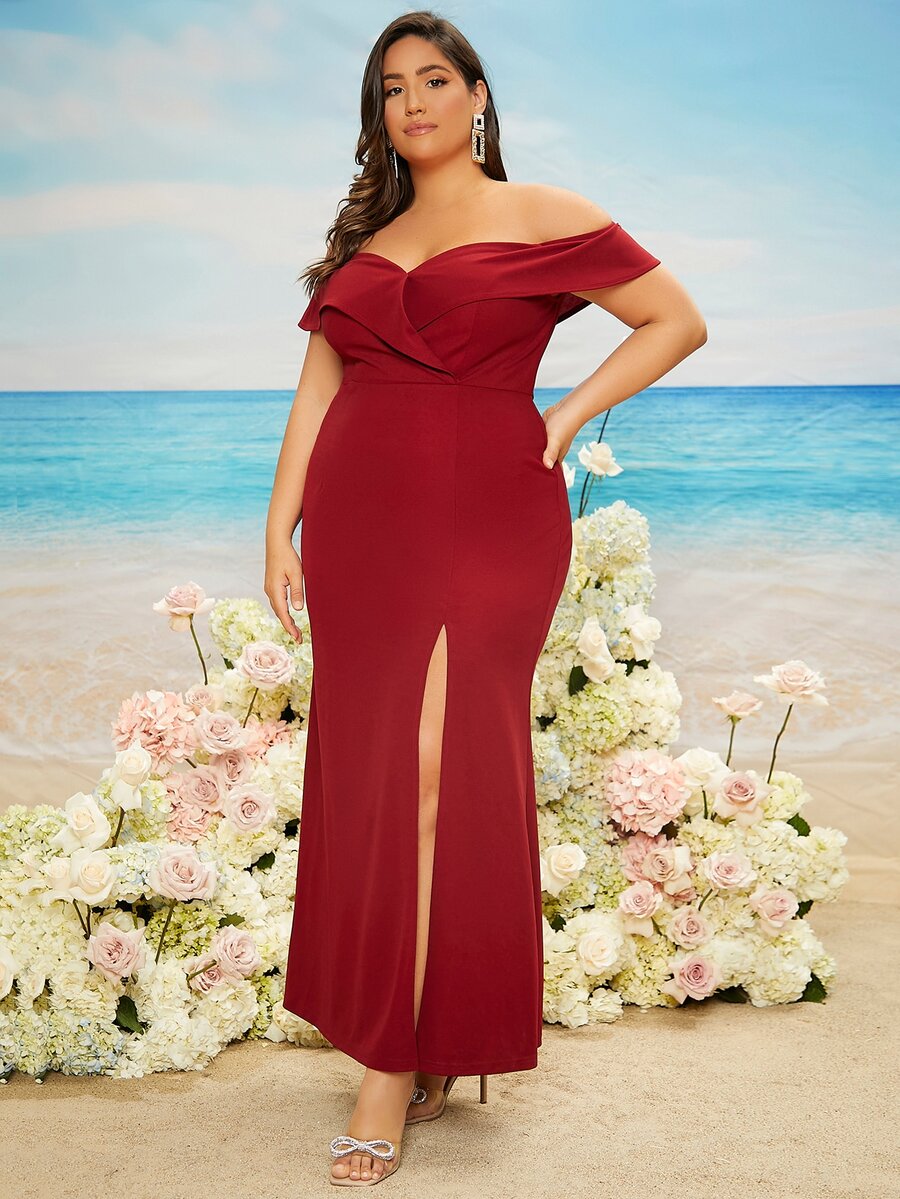 SHEIN Belle Burgundy Red Plus Off Shoulder Split Thigh Bridesmaid Dress - Burgundy - View 1