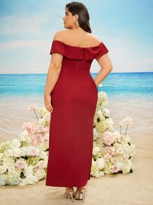 SHEIN Belle Burgundy Red Plus Off Shoulder Split Thigh Bridesmaid Dress - Burgundy - View 2