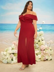 SHEIN Belle Burgundy Red Plus Off Shoulder Split Thigh Bridesmaid Dress - Burgundy - View 4