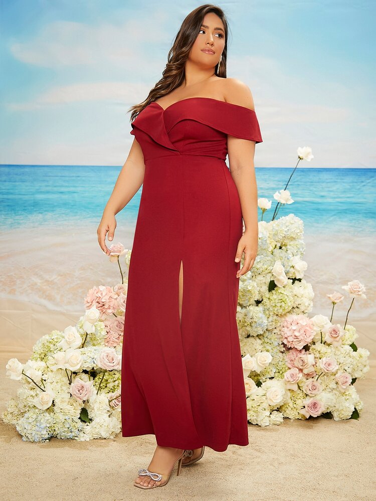 SHEIN Belle 勃艮第红色加露肩开叉大腿伴娘礼服 - 酒紅色 - 查看 4