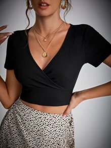 SHEIN Tall Surplice Neck Crop Tee - Black - View 2