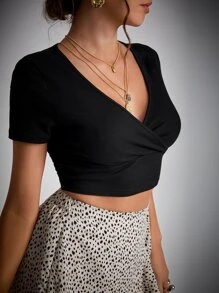 SHEIN Tall Surplice Neck Crop Tee - Black - View 6