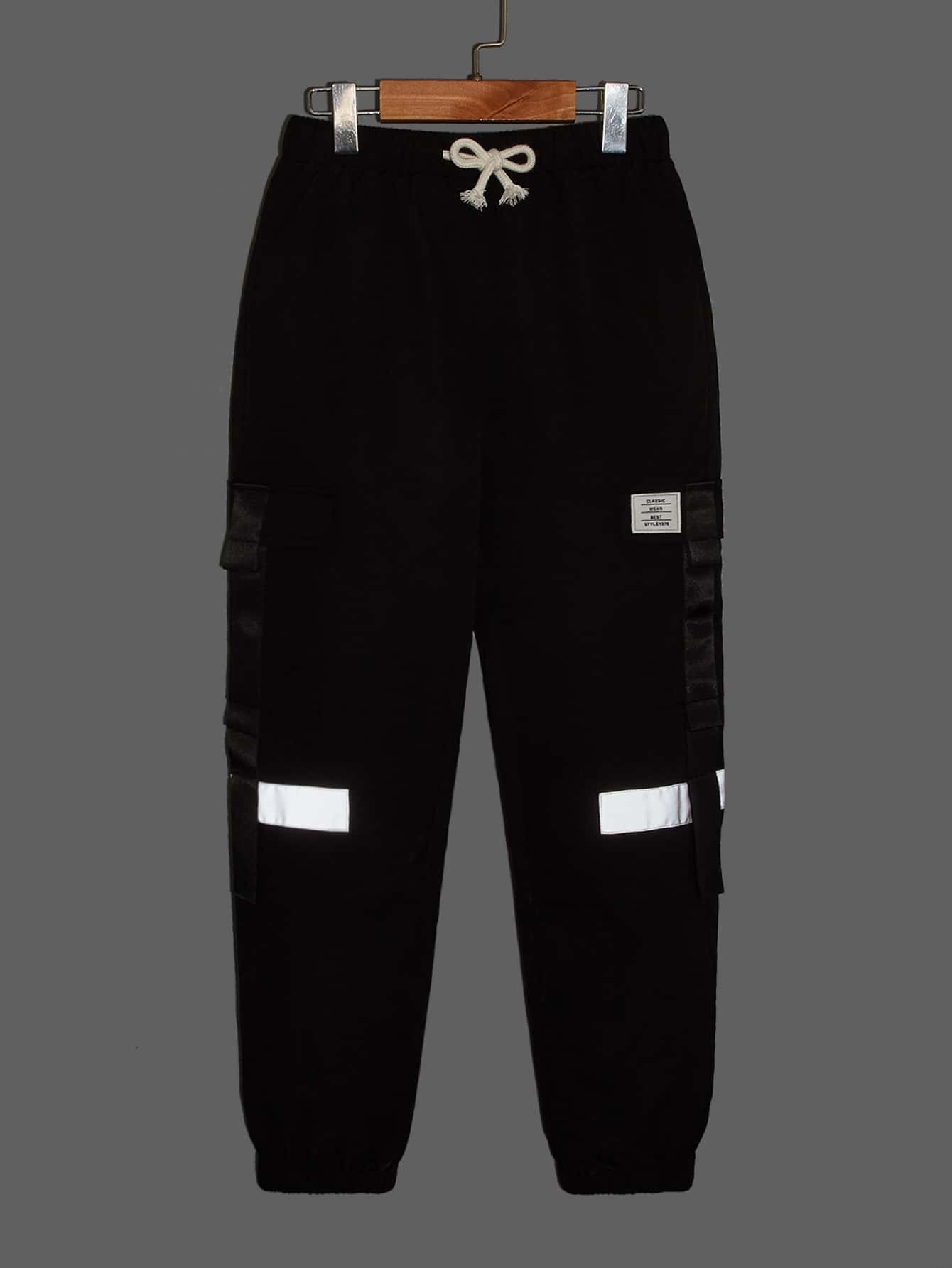 SHEIN Boys Reflective Drawstring Waist Flap Pocket Patch Detail Trousers - Black - View 1