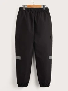 SHEIN Boys Reflective Drawstring Waist Flap Pocket Patch Detail Trousers - Black - View 2