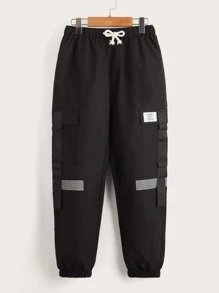 SHEIN Boys Reflective Drawstring Waist Flap Pocket Patch Detail Trousers - Black - View 5