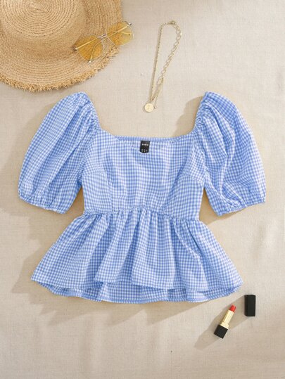 Trelyra Blusa de cuadros con mangas abullonadas y volante en el bajo, top con peplum