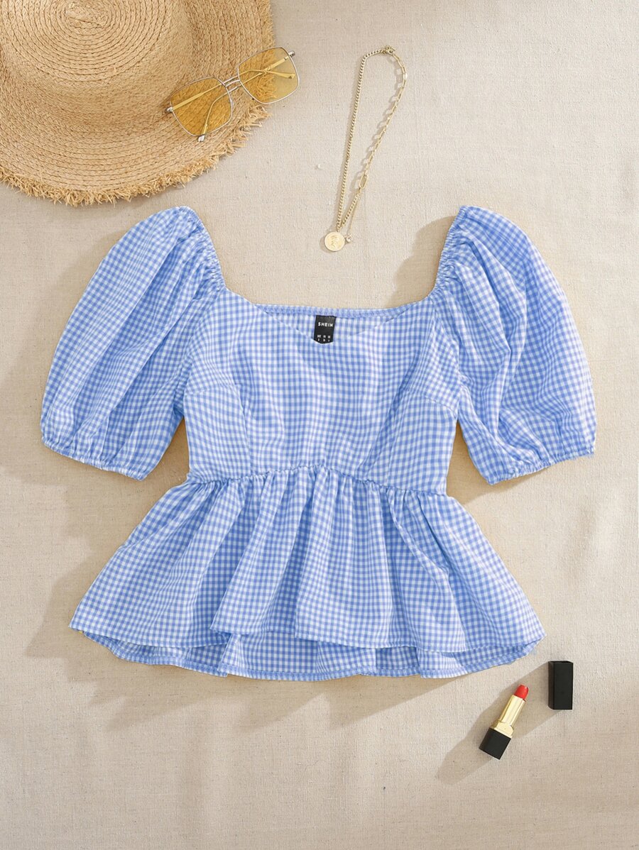 Trelyra 泡泡袖荷叶边下摆格纹衬衫褶边上衣
