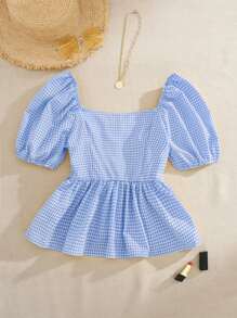 Trelyra 泡泡袖荷叶边下摆格纹衬衫褶边上衣