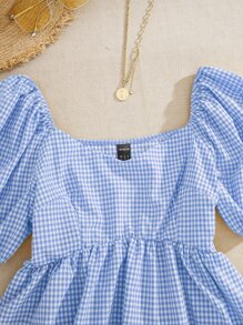 Trelyra 泡泡袖荷叶边下摆格纹衬衫褶边上衣