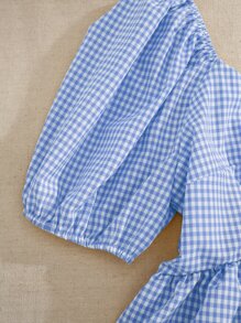 Trelyra 泡泡袖荷叶边下摆格纹衬衫褶边上衣