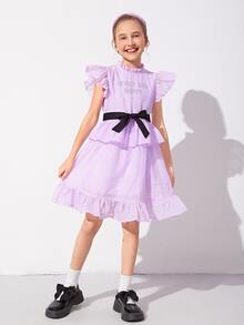 SHEIN Niñas Vestido bajo con fruncido con cinturón de cuello alto - Lila Púrpura - Ver 4