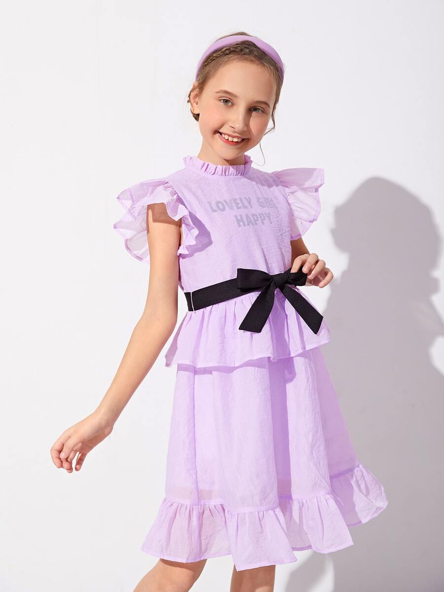 SHEIN Niñas Vestido bajo con fruncido con cinturón de cuello alto - Lila Púrpura - Ver 1