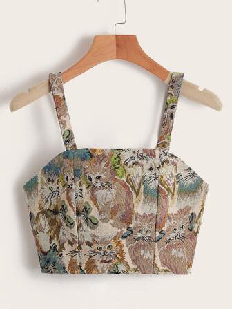 Crop Cami Katze Grafik, Reißverschluss