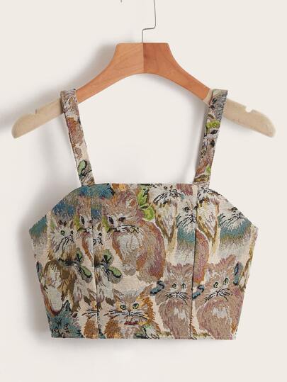 Cami corto con estampado de gato con cremallera